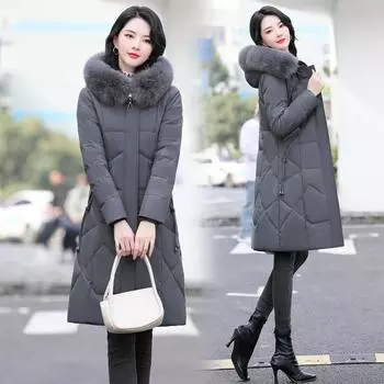 Белая утиная пуховая куртка женская утепленная средней длины выше колена зимняя теплая куртка нового стиля для мам среднего возраста L