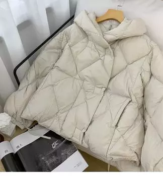 Белая утиная пуховая куртка женская зимняя мода толстые теплые свободные короткие пальто с капюшоном ромбовидный пуховик верхняя одежда карманы XS