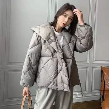 Белая утиная пуховая куртка женская зимняя мода толстые теплые свободные короткие пальто с капюшоном ромбовидный пуховик верхняя одежда карманы XS чёрный