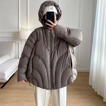 Белая утиная пуховая накидка Jiangnan, утолщенная куртка-пуховик для женщин 2024 года, короткая куртка-кокон с капюшоном S чёрный