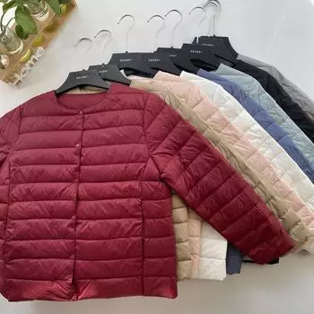Белая утиная пуховая подкладка зима 2024 новый тонкий женский пуховик короткий круглый вырез теплая внутренняя куртка M серый