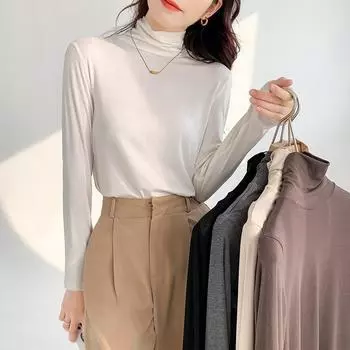 Белая утолщенная водолазка с начесом для женщин на осень и зиму, новая свободная и облегающая футболка с длинными рукавами для женщин с воротником-стойкой из ворса S