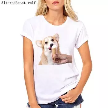 Белая забавная футболка женская одежда летние топы корги милашки принтованный O-образный вырез футболка 2XL белый