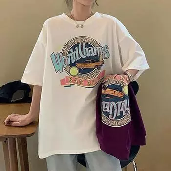 Белая женская футболка, лето 2024, новый корейский стиль, свободные большие размеры в стиле Харадзюку, студенческие топы с короткими рукавами, интернет-знаменитости, Ins Trend M фиолетовый