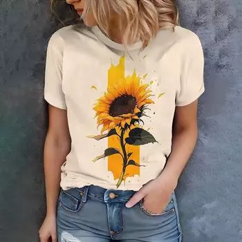 Белая женская летняя футболка с принтом подсолнухов, повседневная, крутая, многофункциональная, с коротким рукавом 2XS