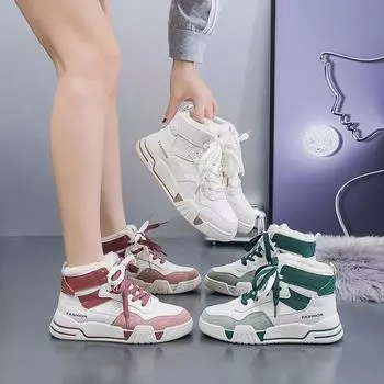 Белая женская обувь с высоким берцем, повседневная спортивная обувь на толстой подошве, плюшевая женская вулканизированная обувь, студенческая хлопковая обувь 35 бежевый