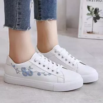 Белая женская обувь, весенне-осенние женские кроссовки на платформе, удобные повседневные туфли на плоской подошве с вышивкой и цветочной шнуровкой 36 синий