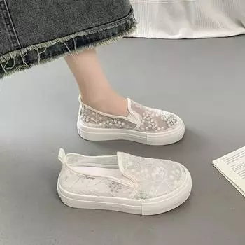 Белая женская обувь Женские кружевные сетчатые кроссовки Лоферы Плоские туфли без застежек Vulcanize Повседневная обувь для женщин 2024 zapatos de mujer 35 белый