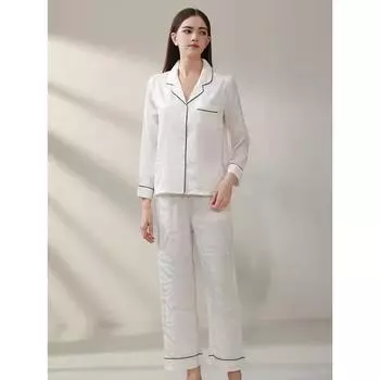 Белая женская пижама из чистого шелка, состоящая из двух частей, топ с длинными рукавами и штаны, комплект для сна, комплект домашней одежды, пижамы для женщин S