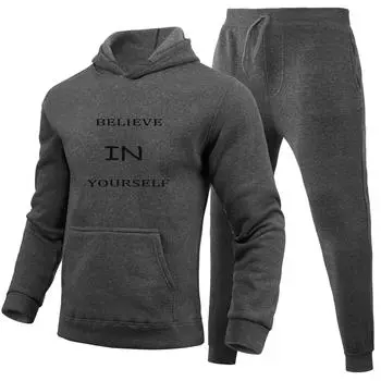 Believe In Yourself Letters Printed Sets Winter Tracksuit Men Hooded 2 Piece Sets Mens Outfits Suit Men Fleece Sport Hoodie Sweatpants Two Piece Sets S красный