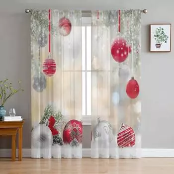 Bell Christmas Decor Snowflake Gift Tulle Sheer Curtains for Living Room Decor Window Curtain for Bedroom Voile Organza Drapes W135 x H115cm x1&Rod Pocket