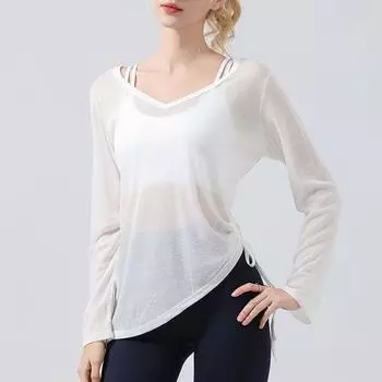 Bell Sleeve Yoga Cover up Long sleeve Hip Covering Women Pleat Drawstring T-shirt Loose Casual Spring Fitness Yoga Clothes White XL