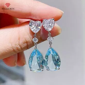 BELLA BOX эстетические зеленые/синие висячие серьги с кубическим цирконием для женщин, серебряный/золотой цвет, свадебные трендовые ювелирные изделия Eternity Love синий