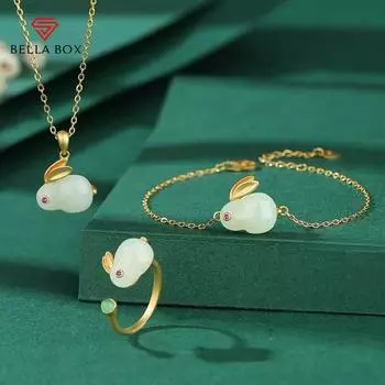 BELLA BOX Благоприятный нефритовый кролик имитация Хотан нефритовый браслет в дворцовом стиле ожерелье с подвеской Открытое кольцо для женщин No.2 золотой