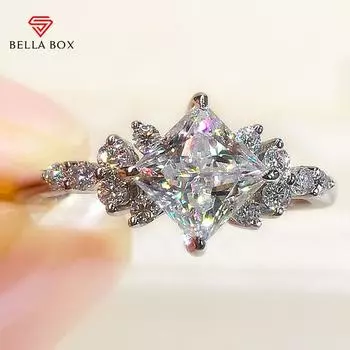 BELLA BOX Четыре Коготь Принцесса Квадратный Бриллиант Маленький Цветок Алмаз Нежная Группа Инкрустация Модное Кольцо Свадебный Подарок На Признание 6-no. платиновый