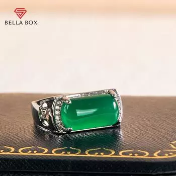 Bella Box Циркон Зеленый Квадратной Формы Полый Зеленый Халцедон Великолепное Мужское Кольцо Изменяемого Размера Тонкий Темперамент Размер Ювелирных Изделий Юбилейная Вечеринка Resizable зелёный
