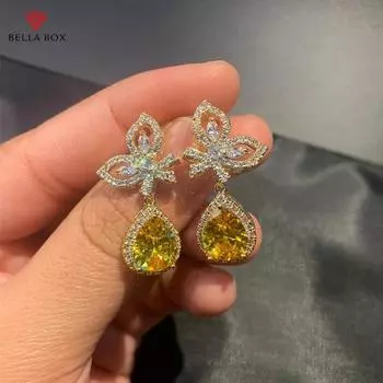 BELLA BOX Креативные желтые серьги-подвески с фианитами для женщин Роскошные женские украшения для вечеринок Темпераментные эстетичные серьги-подвески Gold-color жёлтый