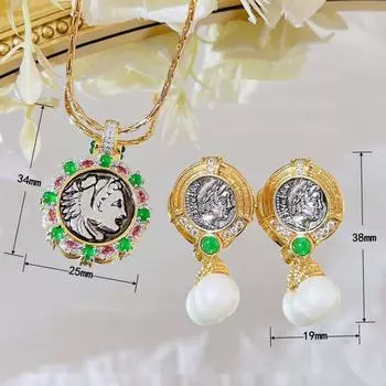 BELLA BOX французский ретро рельеф антикварные монеты жемчужные серьги комплект подходит для женщин повседневные вечерние модные украшения 38mm*19mm золотой