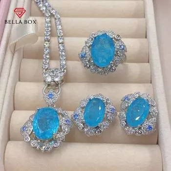 BELLA BOX Голубиное яйцо, полное бриллиантовое имитация, сеть турмалина Palaiba, красное живое открывающееся кольцо, женский кулон, набор для ушей и ногтей No.1 синий