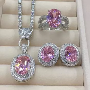 BELLA BOX Голубиное яйцо розовый циркон полная бриллиантовая сетка красный имитация живого розового турмалина открытое кольцо женский кулон серьги гвоздики комплект No.2 розовый