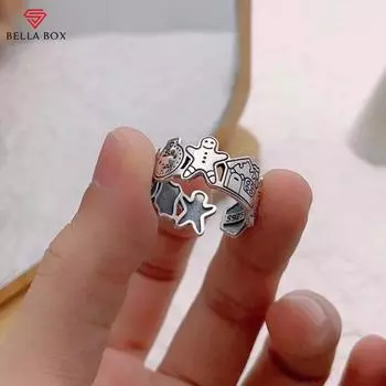 BELLA BOX Граффити Пряничный человечек имитирует тайское серебро S925, чтобы сделать старые модели крутыми и крутыми, нишевый дизайн, кольцо для открытия указательного пальца, женский Opening Adjustable серебряный