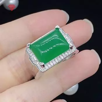 BELLA BOX Искусственное натуральное ледяное семя Халцедоновое мужское кольцо с отверстием для темперамента, полное бриллиантов, мужское отверстие для пальца можно регулировать Adjustable Opening зелёный