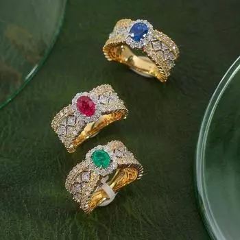 BELLA BOX Итальянское плетеное резное золотое кружево, двухцветное золото, инкрустированное бриллиантами изумрудного цвета, кольцо-сокровище, счетчик в том же стиле Adjustable Opening синий