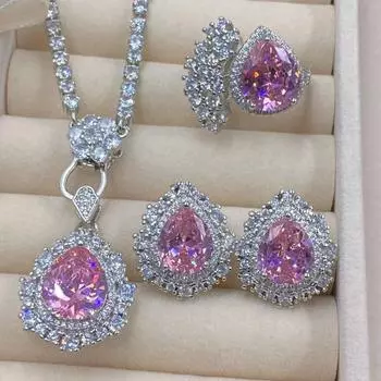 BELLA BOX Каплевидный розовый циркон полный бриллиант интернет красный прямая трансляция имитация розовый турмалин открытое кольцо женский кулон серьги комплект No.2 розовый