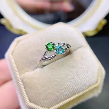 Кольцо BELLA BOX Retro Feather с имитацией натурального турмалина, инкрустированное сине-зеленым цирконием, подходит для повседневной женской вечеринки, модные украшения Adjustable Opening синий
