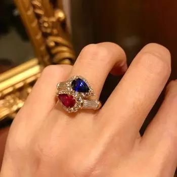 BELLA BOX Кольцо в стиле ретро-суда с двухцветным золотым покрытием и двумя камнями, подходящее для повседневной женской вечеринки, модные ювелирные изделия Adjustable Opening синий