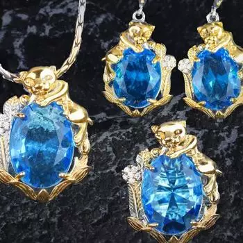 BELLA BOX Комплект ожерелья Heavy Industry Topa Blue Leopard с двухцветным золотым гальваническим кулоном, серьгами-гвоздиками с синими бриллиантами, красочным кольцом Treasure No.1 синий