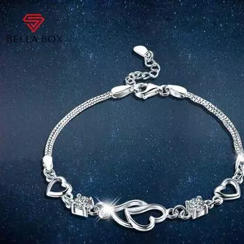 BELLA BOX корейская мода белый медный серебряный браслет с аметистовым покрытием сердце к сердцу серебряное украшение для рук для женщин фиолетовый