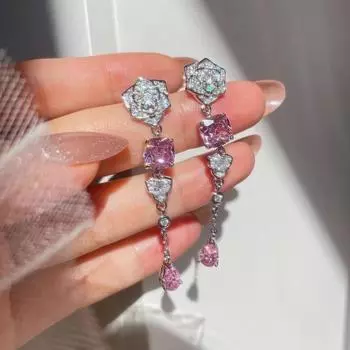 BELLA BOX Light Luxury Tassel Pink Diamond Camellia Flower Ожерелье Radian Rose Длинные серьги Цветочные кольца Желтый бриллиантовый комплект для женщин No.3 розовый