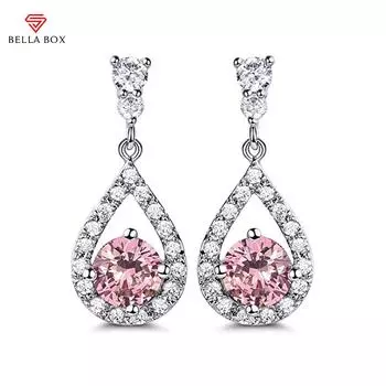 BELLA BOX Мода Роскошные женщины Болтающиеся серьги Инкрустация Розовый / Белый CZ Темперамент Леди Серьги для свадебной вечеринки Серебряный цвет Ювелирные изделия