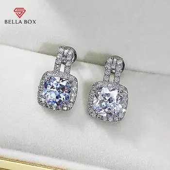 BELLA BOX модные серебряные серьги-гвоздики с фианитами для женщин, блестящие белые серьги с цирконием, ювелирные изделия белый