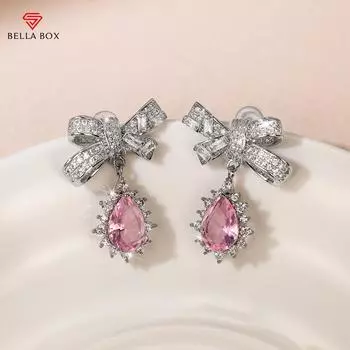 BELLA BOX Необычные розовые висячие серьги с бантом для женщин, роскошные серьги с фианитом для свадьбы, модные аксессуары для свадебной вечеринки