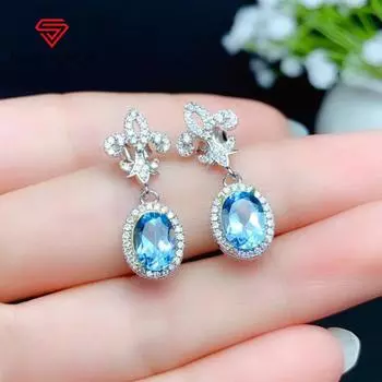 BELLA BOX New Full Of Diamond Temperament Swiss Blue Imitation Sea Blue Topaz Long Earrings For Women s Daily Commuting Earrings белого золота