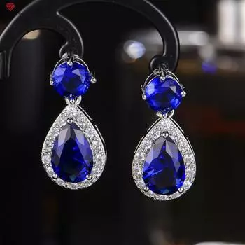 BELLA BOX New Group Inset Zircon Water Drop Shape Simulation Tourmaline Color Treasure Fashion Earrings Feminine Earrings Stud Earrings синий