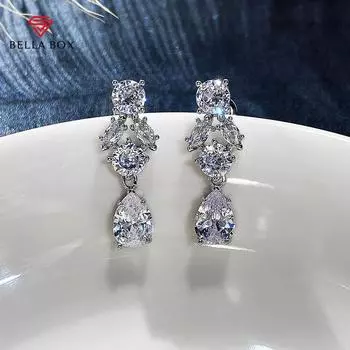 BELLA BOX Нежные висячие серьги, свадебные аксессуары, серьги серебряного цвета с кристаллом CZ, модные ювелирные изделия для женщин белый