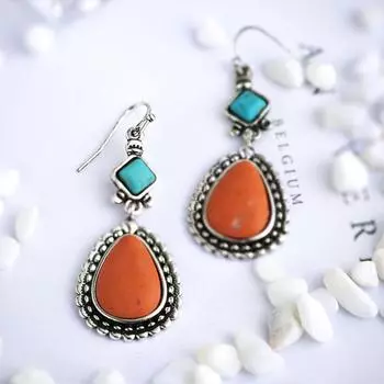 BELLA BOX Новые популярные ретро-серьги с инкрустацией из серебра и бирюзового цвета, длинные женские серьги-капли, вечеринка для начинающих a pair коричневато-жёлтый