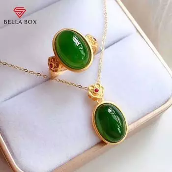 BELLA BOX Новый 24-каратный комплект из песочного золота с имитацией хотанская яшма зеленый халкон с открытым кольцом и подвеской на ключицу No.3 зелёный