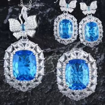 BELLA BOX Ожерелье с подвеской Dreamwalking Wonderland Rich Sea Blue Treasure с изящными серьгами в виде бабочек, красочные кольца-сокровища большого карата No.2 синий