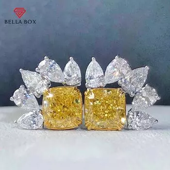 BELLA BOX Роскошные квадратные желтые серьги-гвоздики с фианитом для женщин, яркие аксессуары, милые женские серьги, вечерние модные украшения