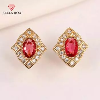 BELLA BOX роскошные серьги-гвоздики золотого цвета в форме ромба с красным фианитом, яркие женские аксессуары для ушей, новые модные ювелирные изделия