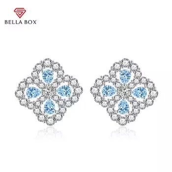 BELLA BOX S925 серебряные иглы со стразами, полые серьги с четырьмя листами клевера, серьги сладкого и свежего цвета, аксессуары для вечеринок синий