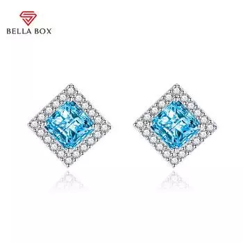 BELLA BOX S925 Серебряные серьги-гвоздики с иглами, женские корейские серьги с микроинкрустацией из циркона, квадратные бриллианты, модные красочные желтые бриллианты синий
