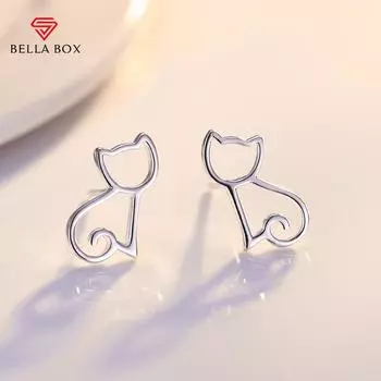BELLA BOX Sentie Small Fresh Hollow Kitty Copper Plated Silver Earrings Female Korean Version Sweet Cute Cartoon Cat Earrings белый
