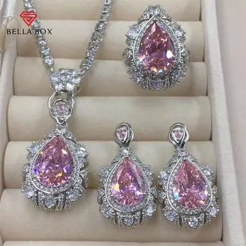 BELLA BOX Серьги-подвески с открытой петлей из розового циркония с ажурным дном и каплевидной формой для женщин No.1 розовый