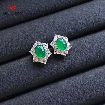 BELLA BOX Шестиугольник, полный бриллиантов, натуральный лед, зеленый агат, чалшале в виде изумрудного овального яйца со всеми свадебными серьгами 8*10mm зелёный