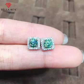 BELLA BOX Восемь сердец, восемь стрел, позолоченные, имитация PT950, сине-зеленые, квадратные серьги Mosan Drill Full Drill для девушки, подарок на День святого Валентина зелёный